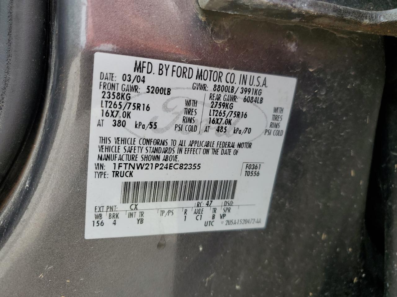 1FTNW21P24EC82355 2004 Ford F250 Super Duty