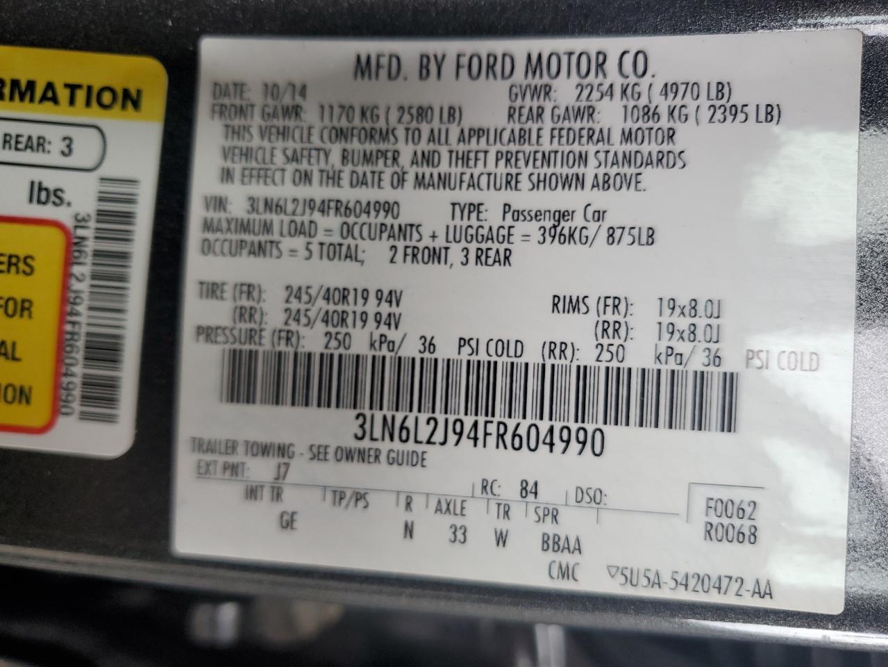 2015 Lincoln Mkz VIN: 3LN6L2J94FR604990 Lot: 63691584