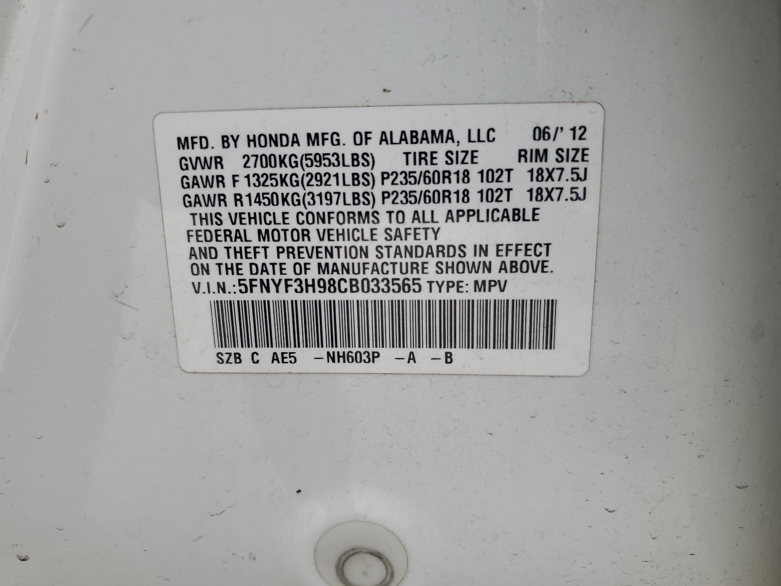 5FNYF3H98CB033565 2012 Honda Pilot Touring