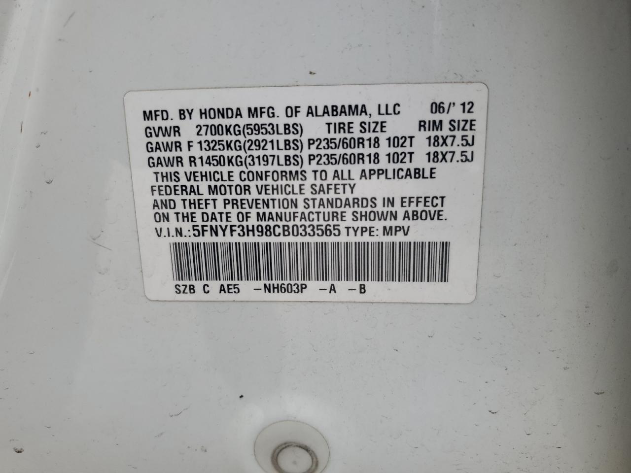 2012 Honda Pilot Touring VIN: 5FNYF3H98CB033565 Lot: 61163914