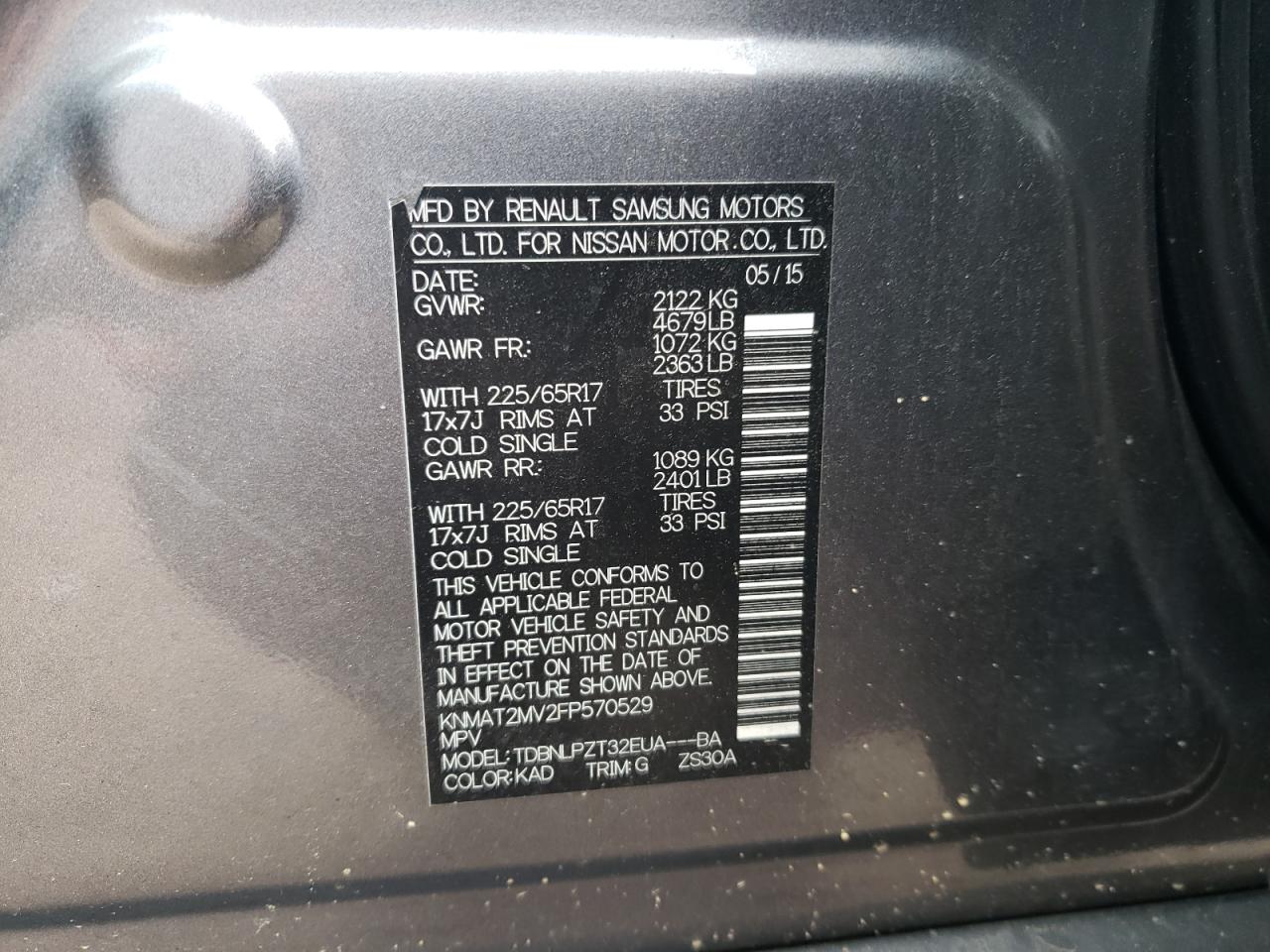 2015 Nissan Rogue S VIN: KNMAT2MV2FP570529 Lot: 65132604