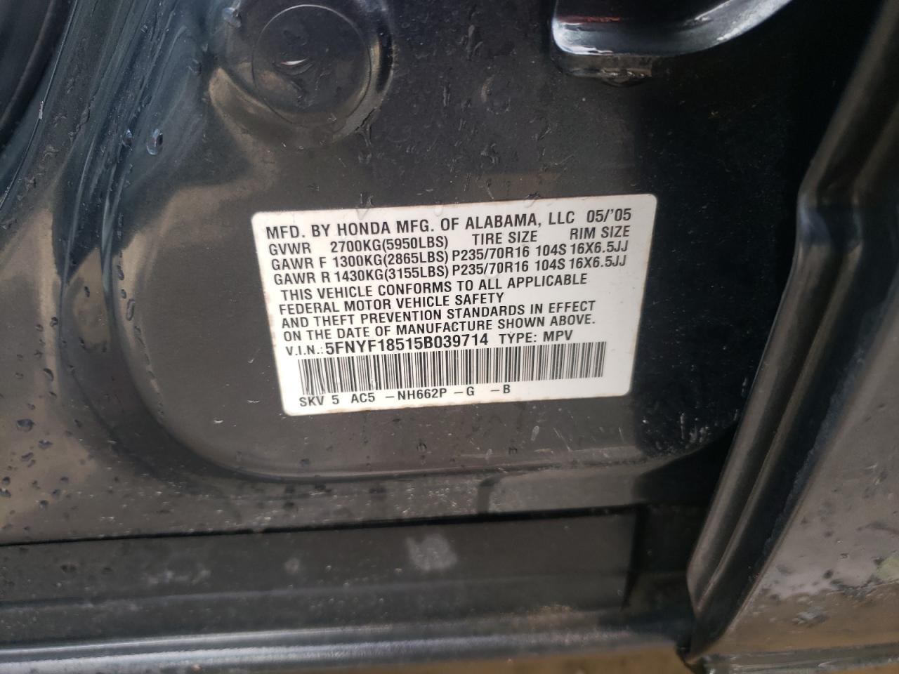 2005 Honda Pilot Exl VIN: 5FNYF18515B039714 Lot: 64405694