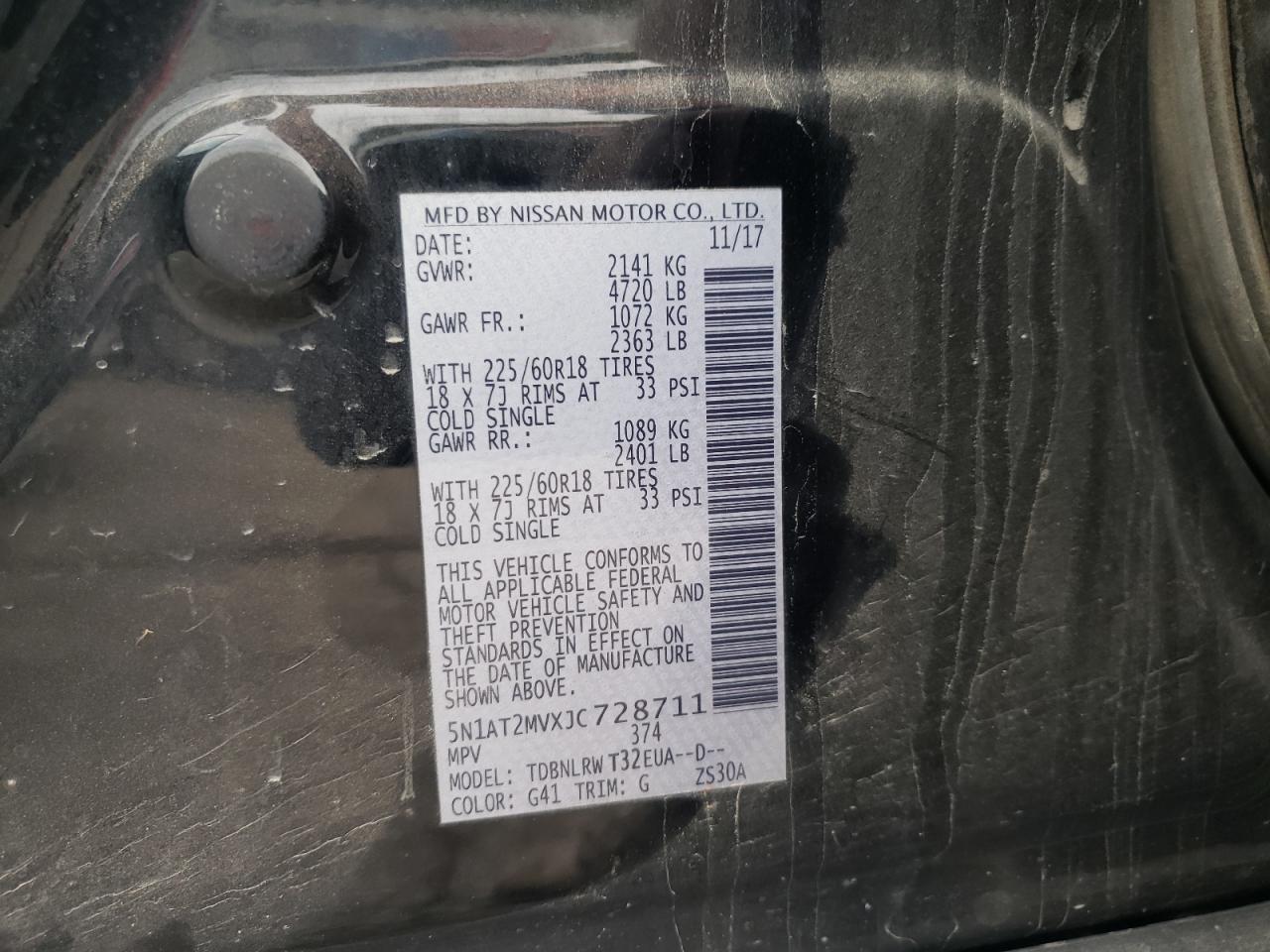 2018 Nissan Rogue S VIN: 5N1AT2MVXJC728711 Lot: 63454344