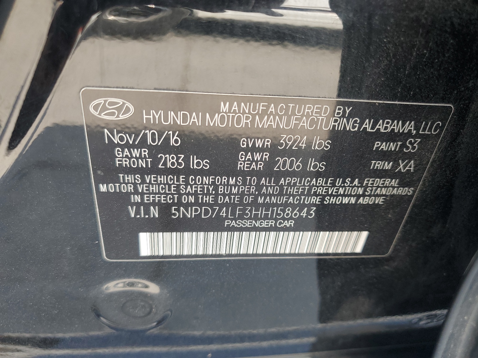 5NPD74LF3HH158643 2017 Hyundai Elantra Se