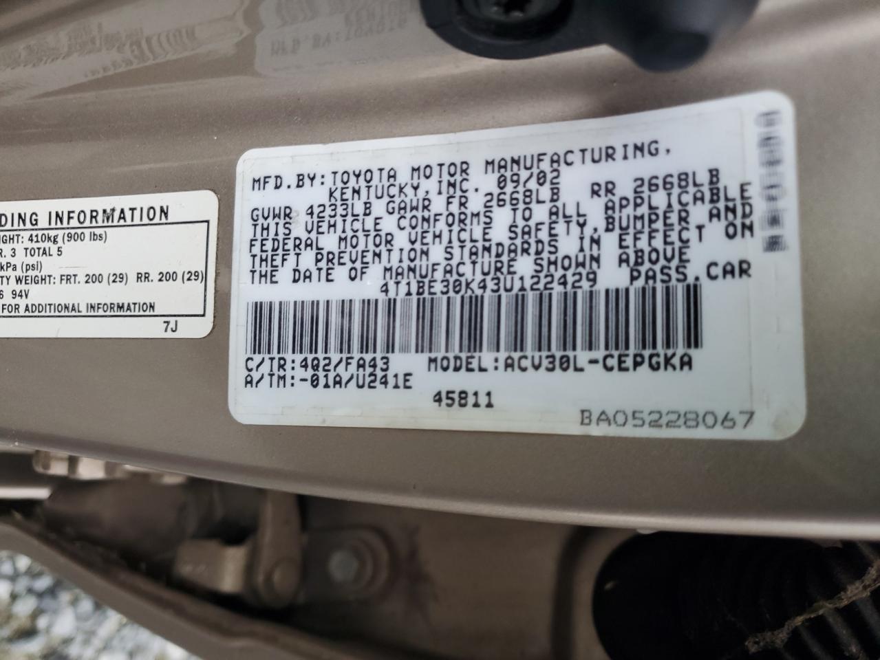 2003 Toyota Camry Le VIN: 4T1BE30K43U122429 Lot: 65257034