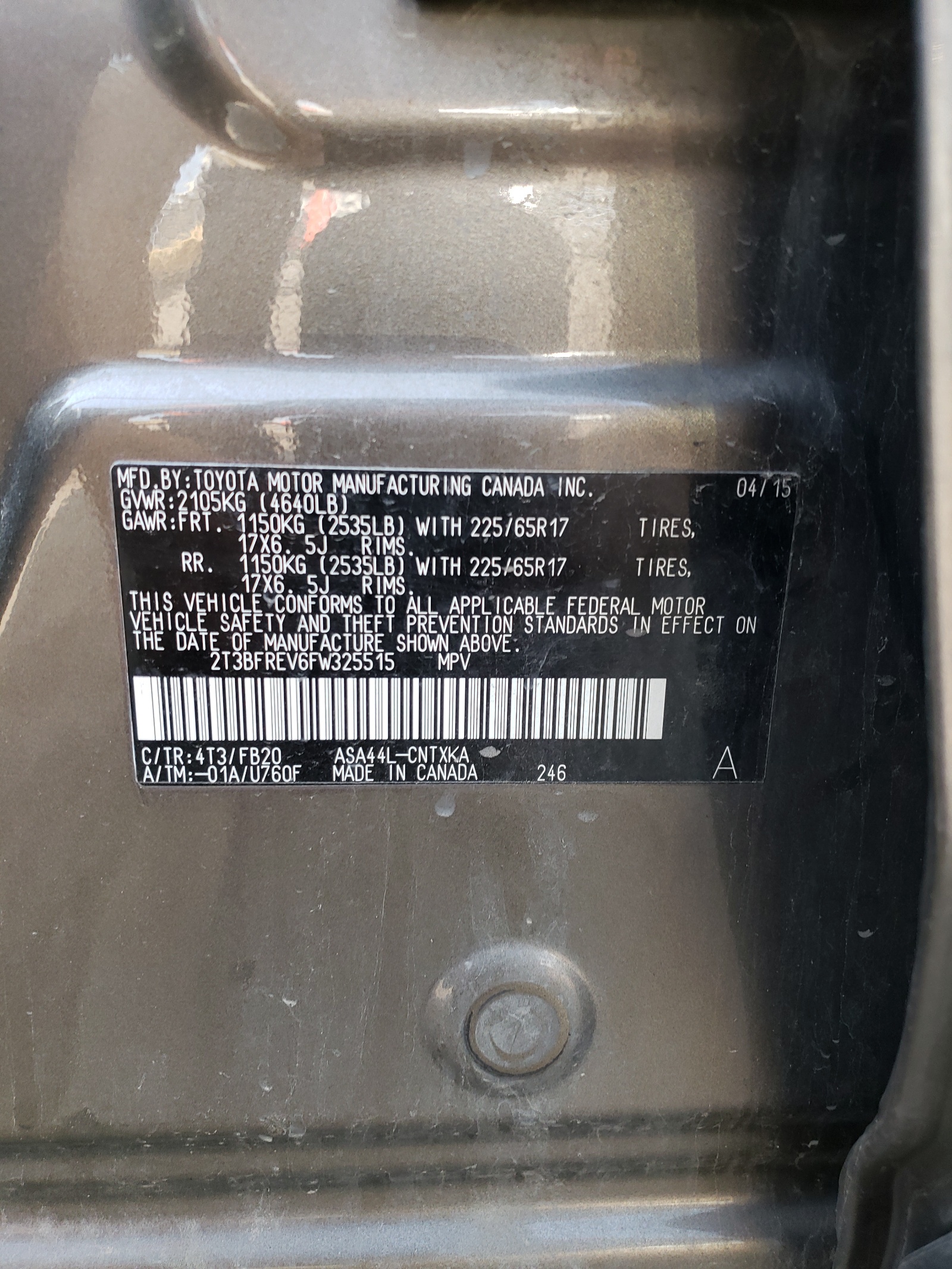 2T3BFREV6FW325515 2015 Toyota Rav4 Le