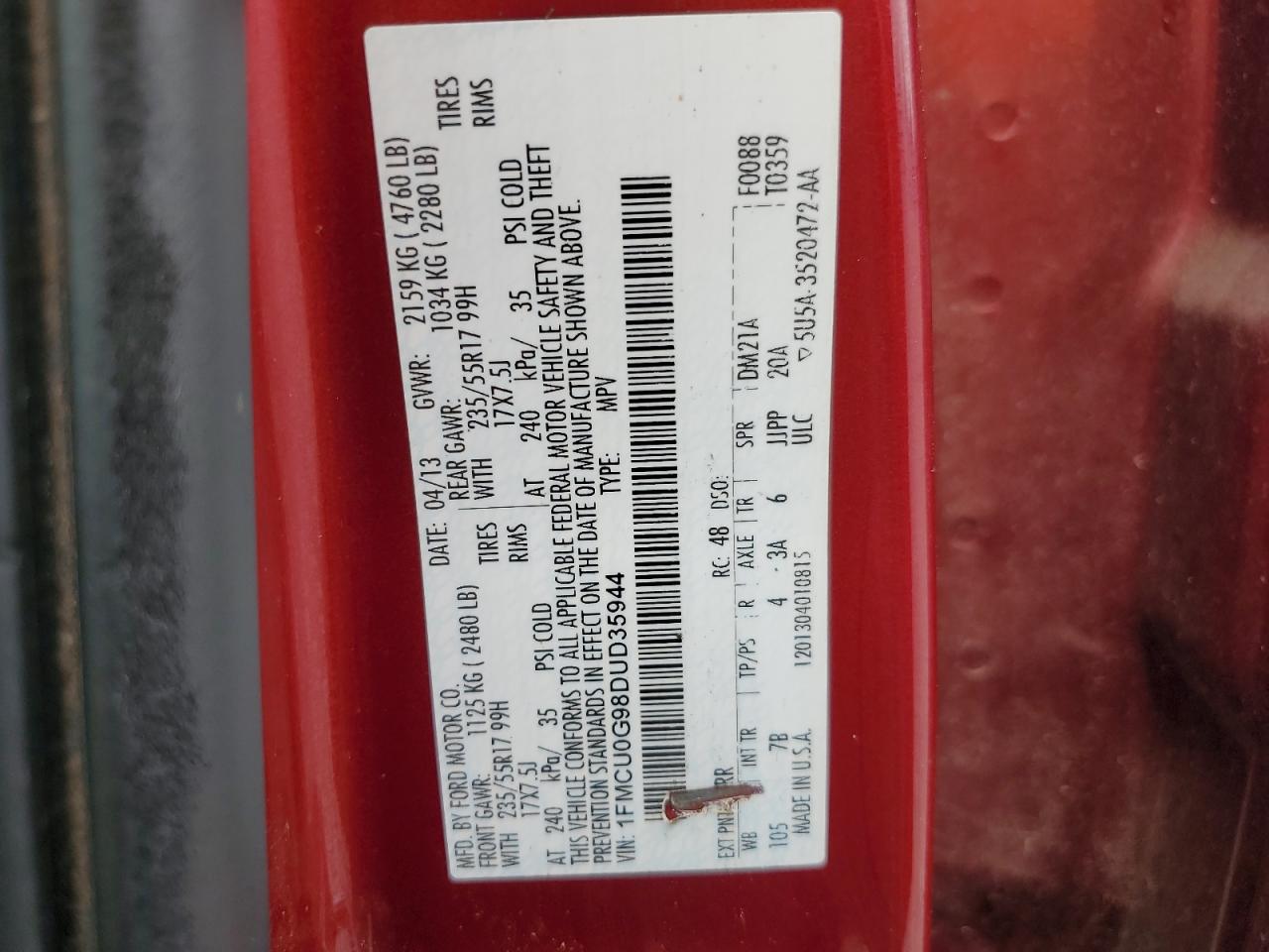 2013 Ford Escape Se VIN: 1FMCU0G98DUD35944 Lot: 61840394