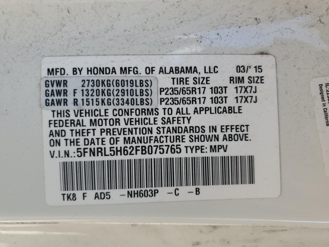 5FNRL5H62FB075765 2015 Honda Odyssey Exl