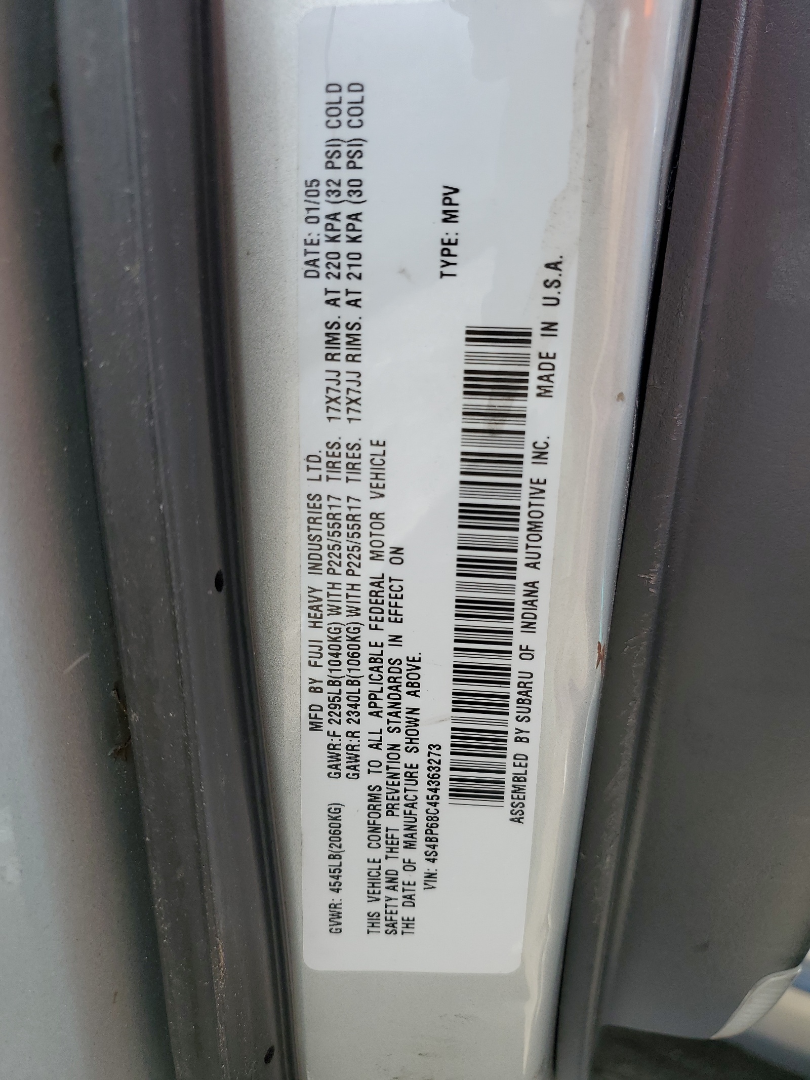 4S4BP68C454363273 2005 Subaru Legacy Outback 2.5 Xt