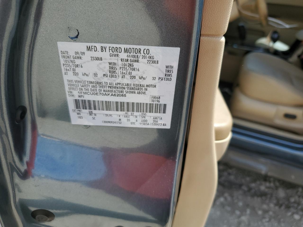 2010 Ford Escape Limited VIN: 1FMCU0E70AKA62085 Lot: 63237634