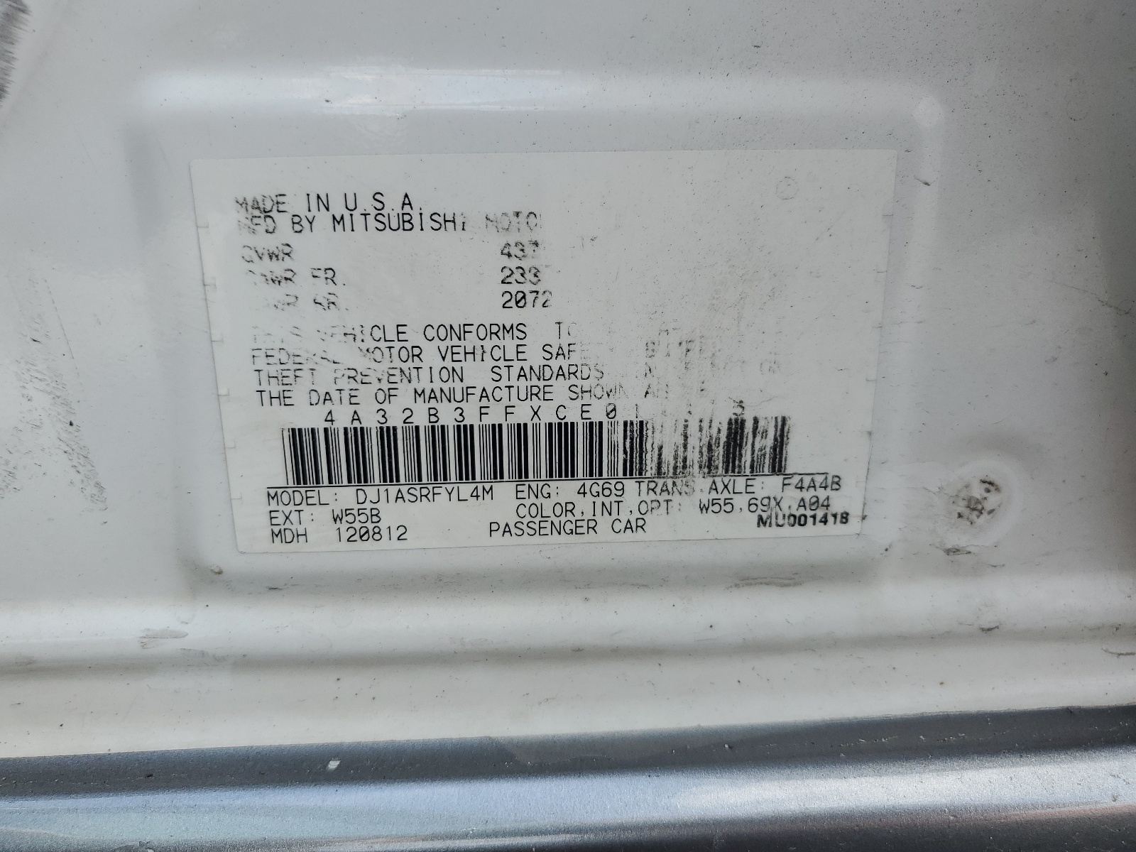 4A32B3FFXCE014475 2012 Mitsubishi Galant Es