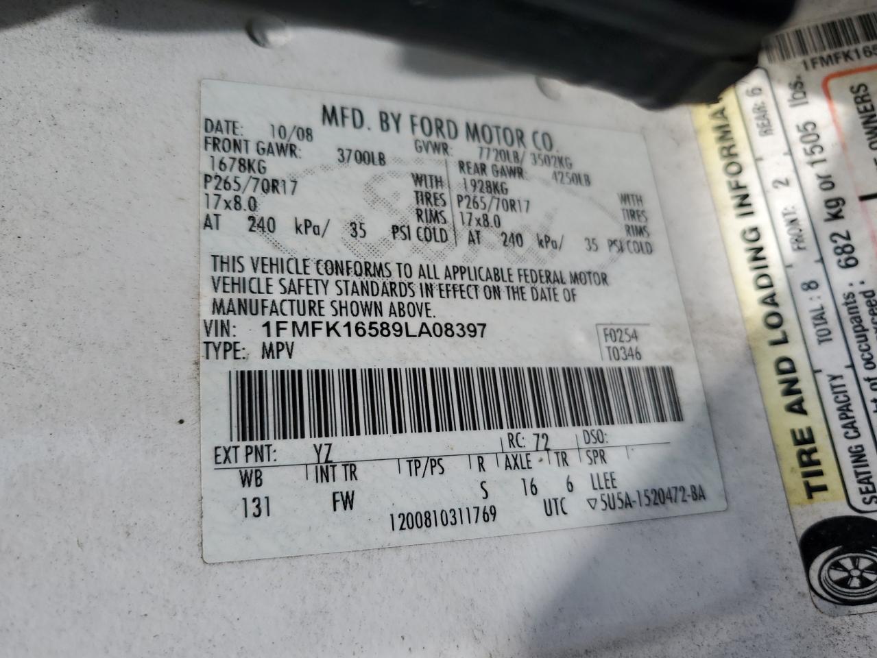 2009 Ford Expedition El Xlt VIN: 1FMFK16589LA08397 Lot: 61563544