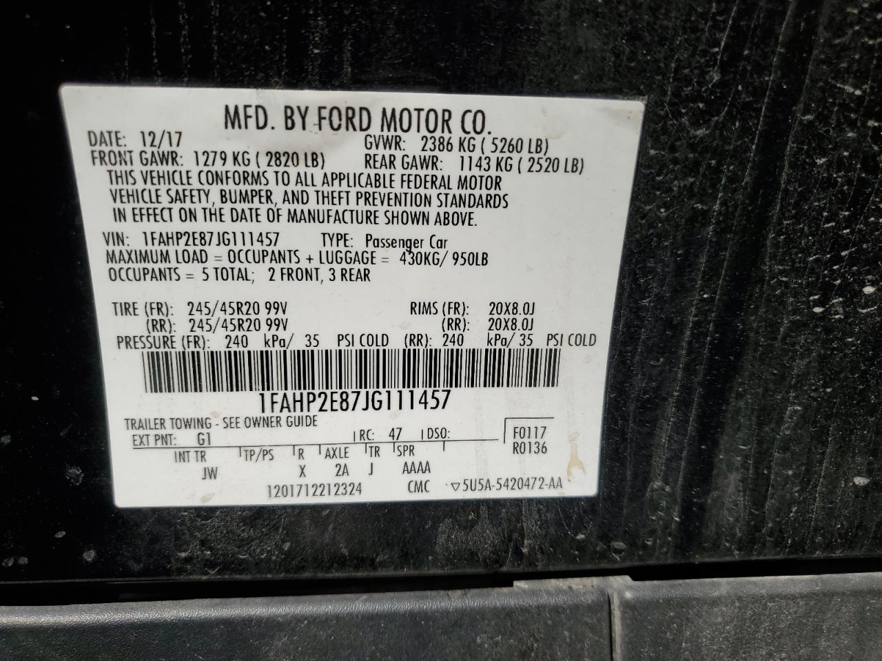 1FAHP2E87JG111457 2018 Ford Taurus Sel