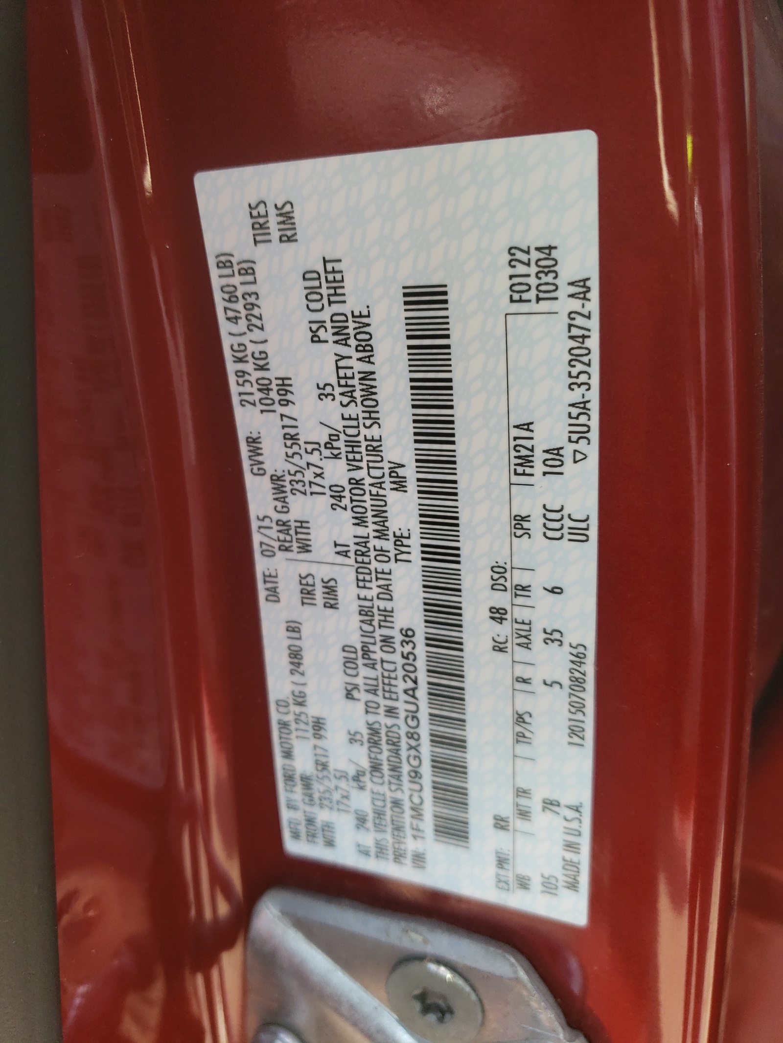 1FMCU9GX8GUA20536 2016 Ford Escape Se