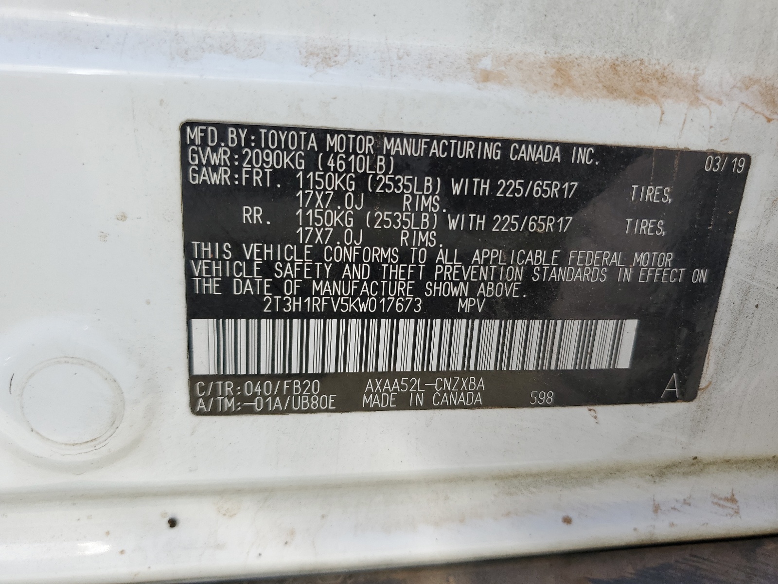 2T3H1RFV5KW017673 2019 Toyota Rav4 Le