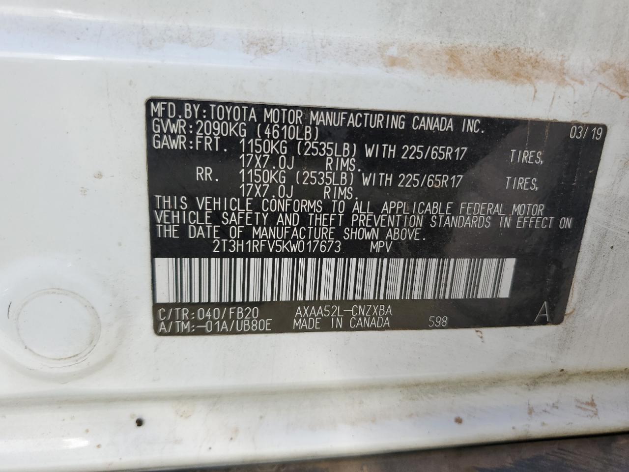 2019 Toyota Rav4 Le VIN: 2T3H1RFV5KW017673 Lot: 64852094