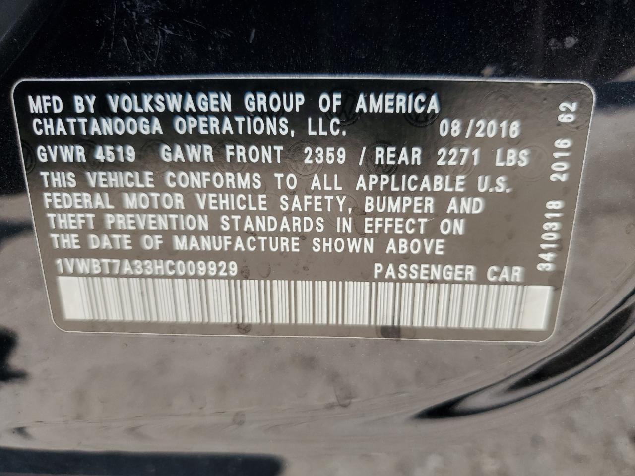 2017 Volkswagen Passat Se VIN: 1VWBT7A33HC009929 Lot: 64947794