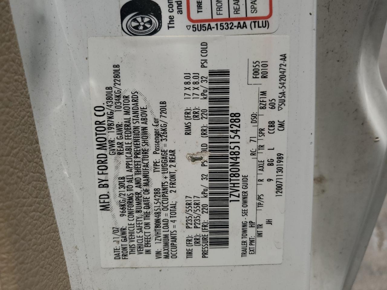 2008 Ford Mustang VIN: 1ZVHT80N485154288 Lot: 63914134