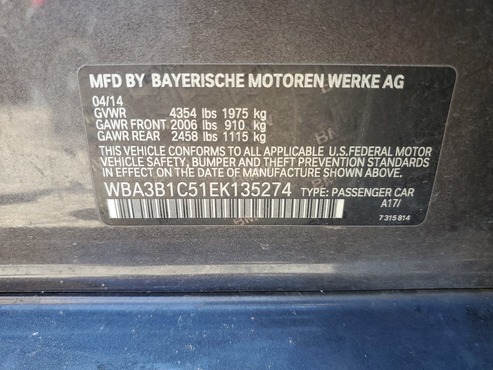WBA3B1C51EK135274 2014 BMW 320 I
