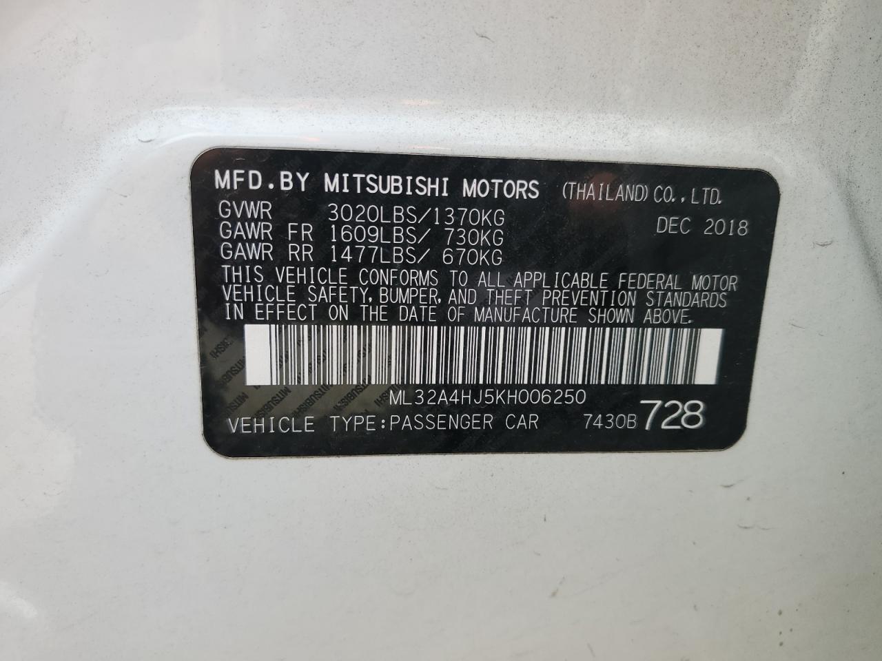 2019 Mitsubishi Mirage Se VIN: ML32A4HJ5KH006250 Lot: 61484744