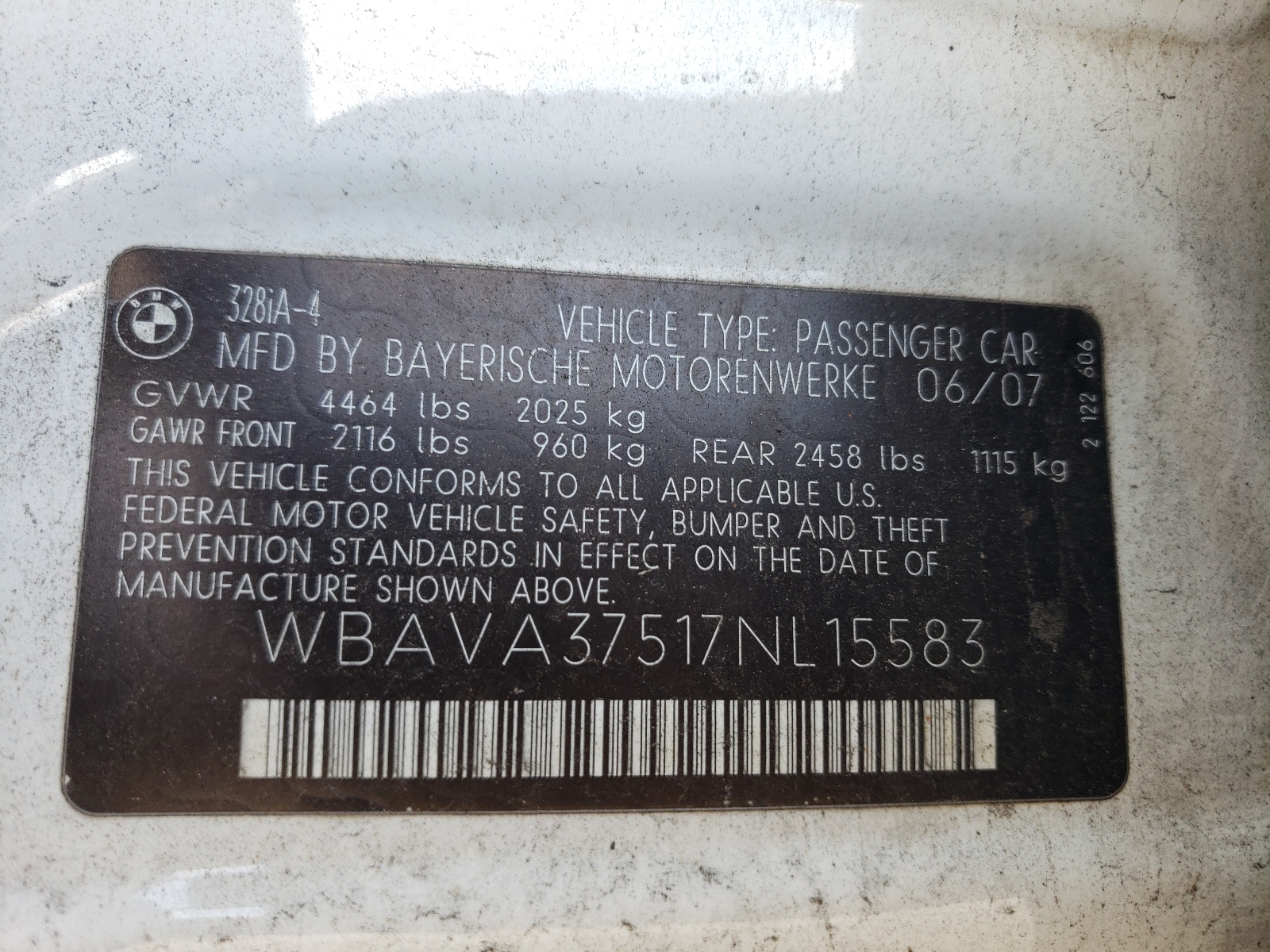 WBAVA37517NL15583 2007 BMW 328 I