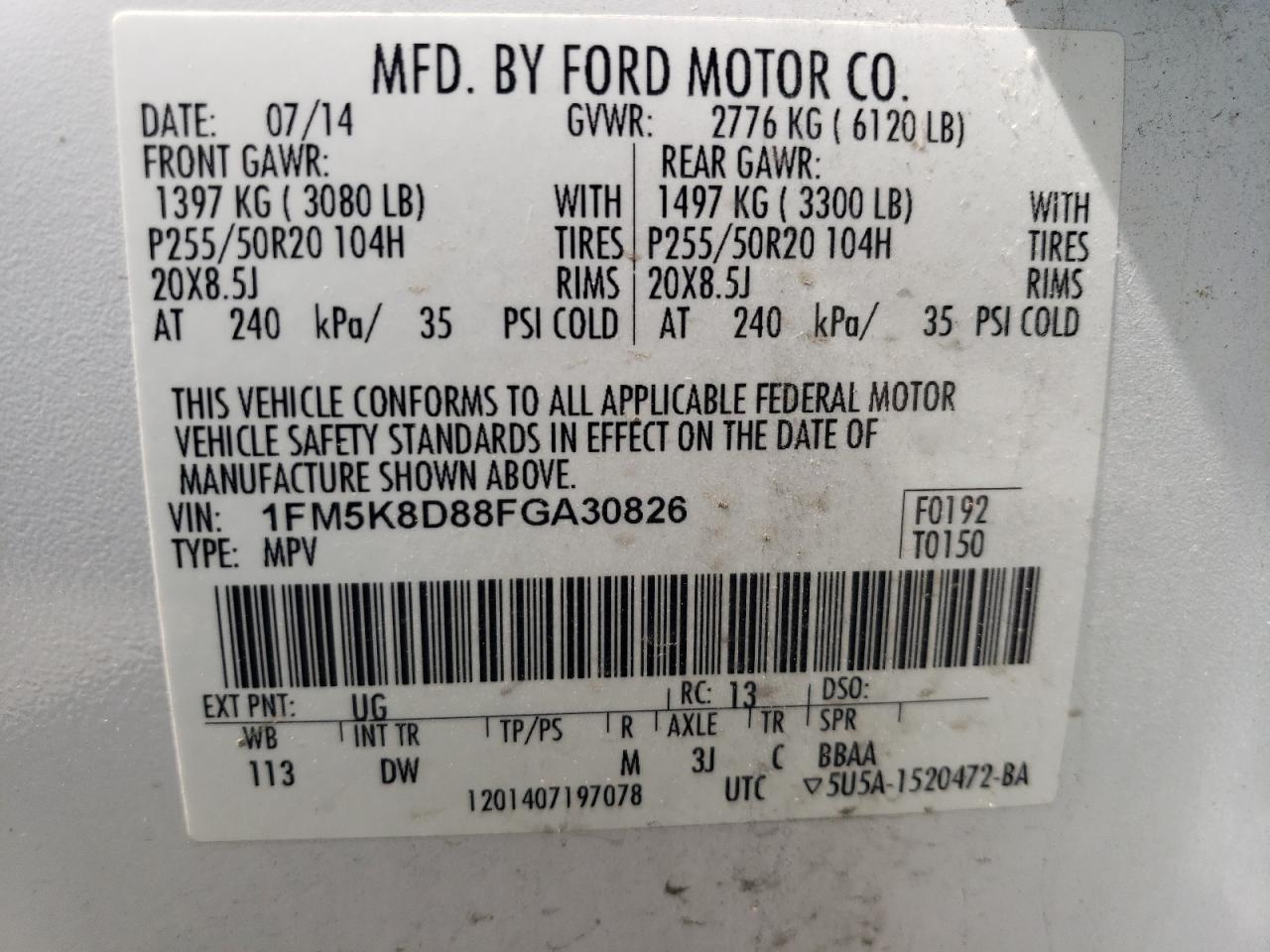 2015 Ford Explorer Xlt VIN: 1FM5K8D88FGA30826 Lot: 61949824