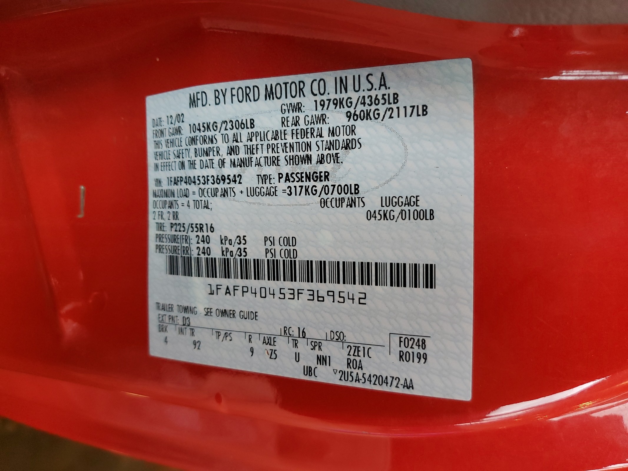 1FAFP40453F369542 2003 Ford Mustang