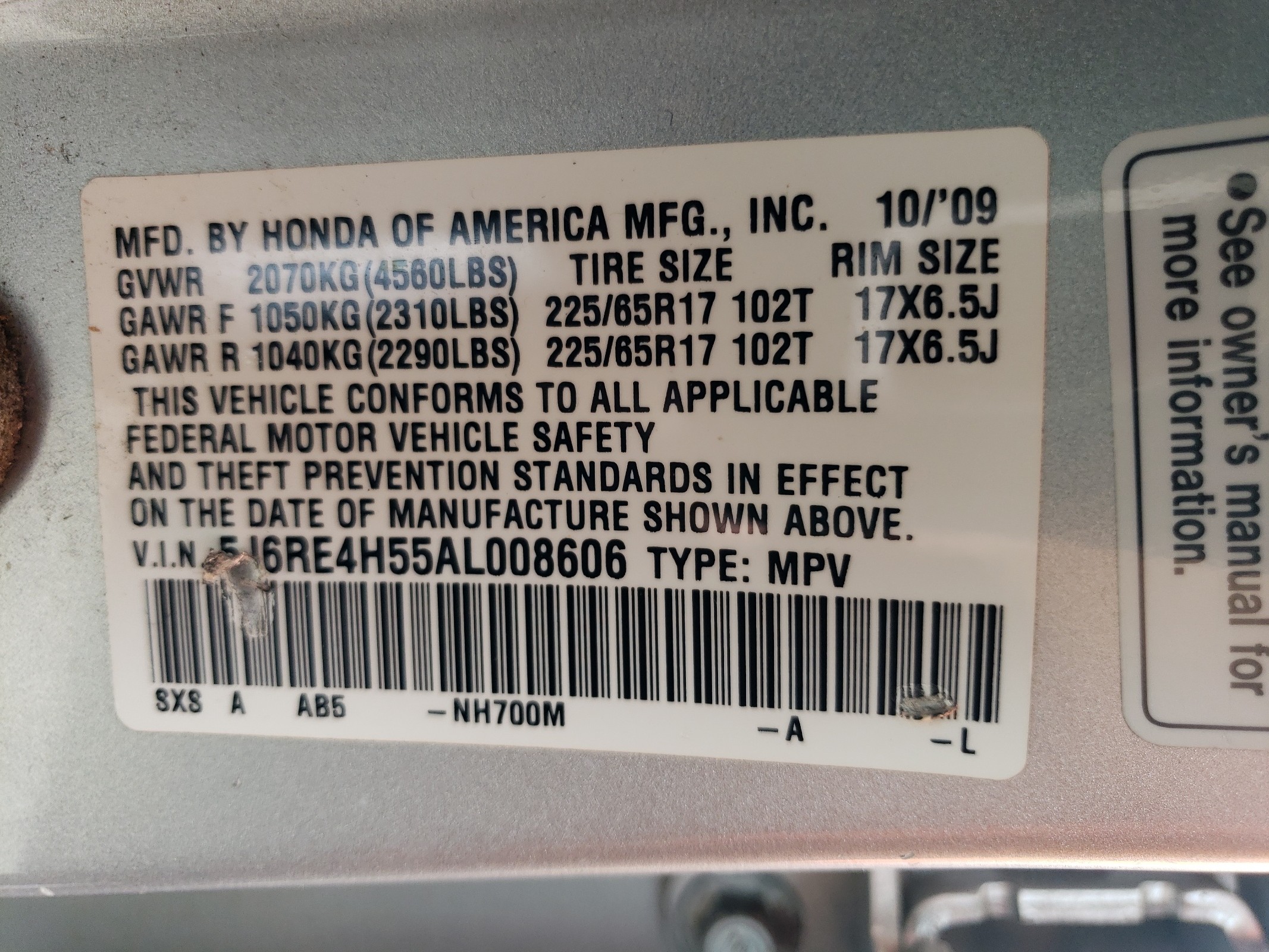 5J6RE4H55AL008606 2010 Honda Cr-V Ex