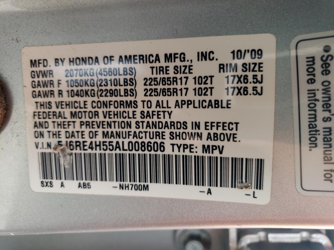 2010 Honda Cr-V Ex VIN: 5J6RE4H55AL008606 Lot: 62225244