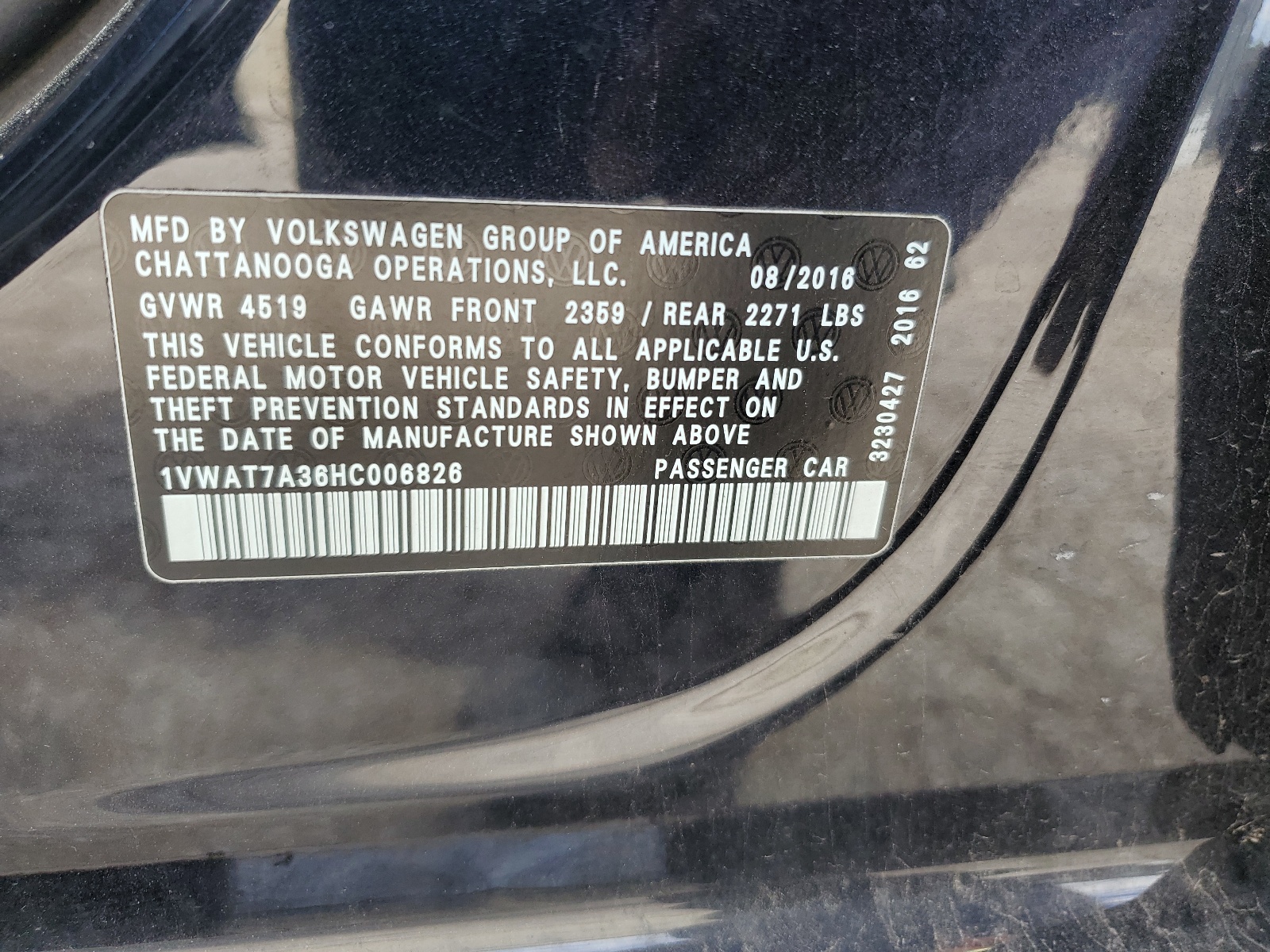 1VWAT7A36HC006826 2017 Volkswagen Passat S