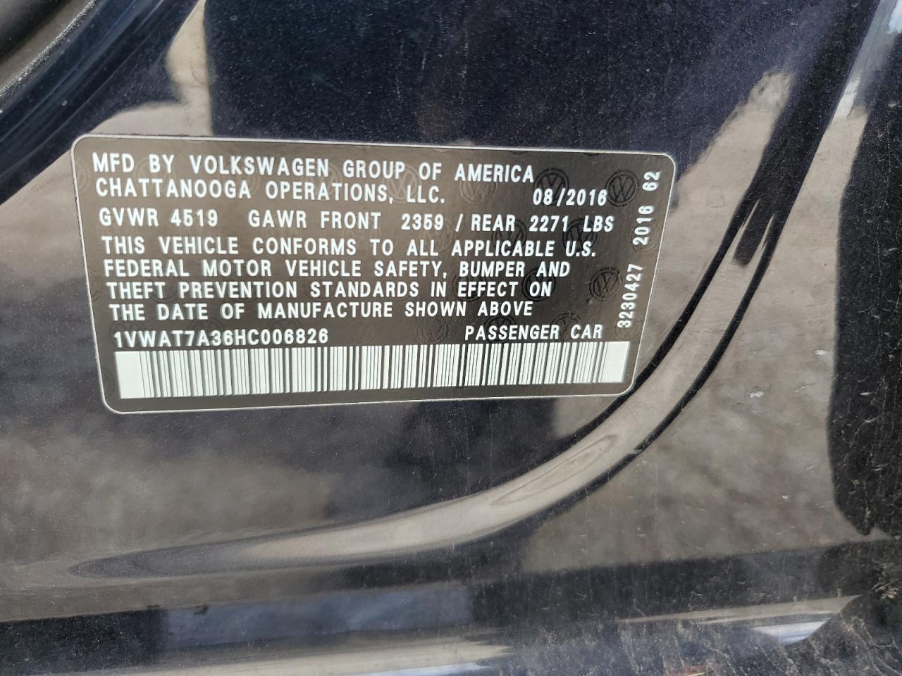 2017 Volkswagen Passat S VIN: 1VWAT7A36HC006826 Lot: 61407314