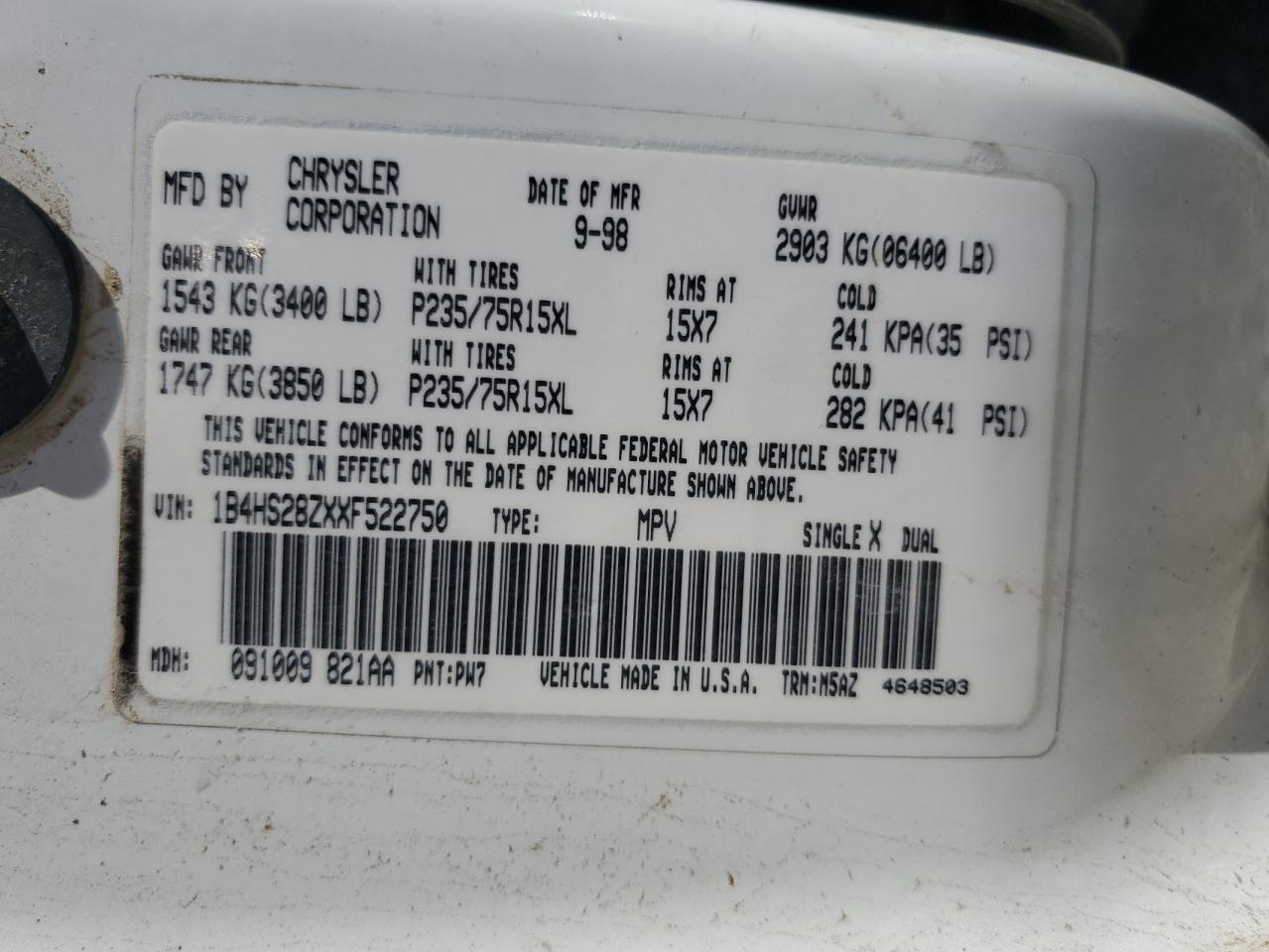 1999 Dodge Durango VIN: 1B4HS28ZXXF522750 Lot: 65270904