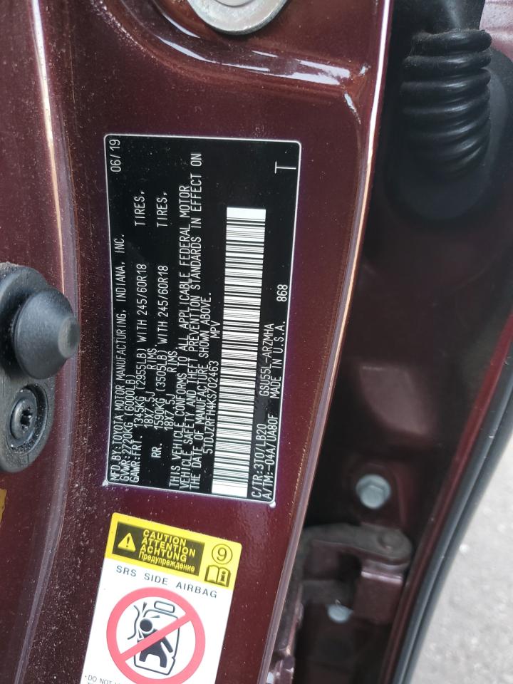 2019 Toyota Highlander Se VIN: 5TDJZRFH4KS702463 Lot: 63247404