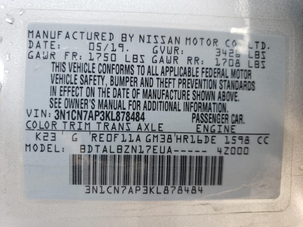 3N1CN7AP3KL878484 2019 Nissan Versa S