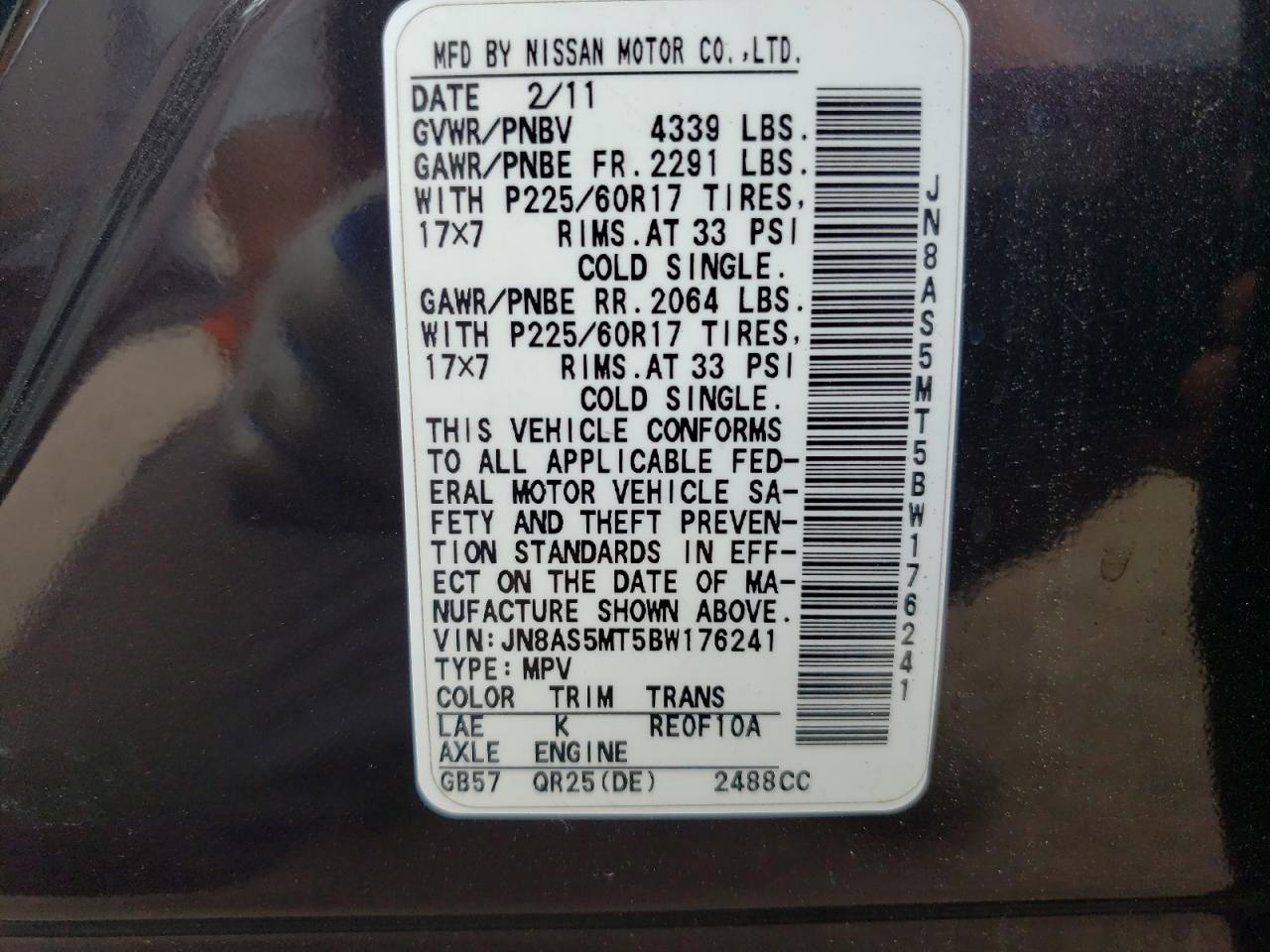 2011 Nissan Rogue S VIN: JN8AS5MT5BW176241 Lot: 63663154