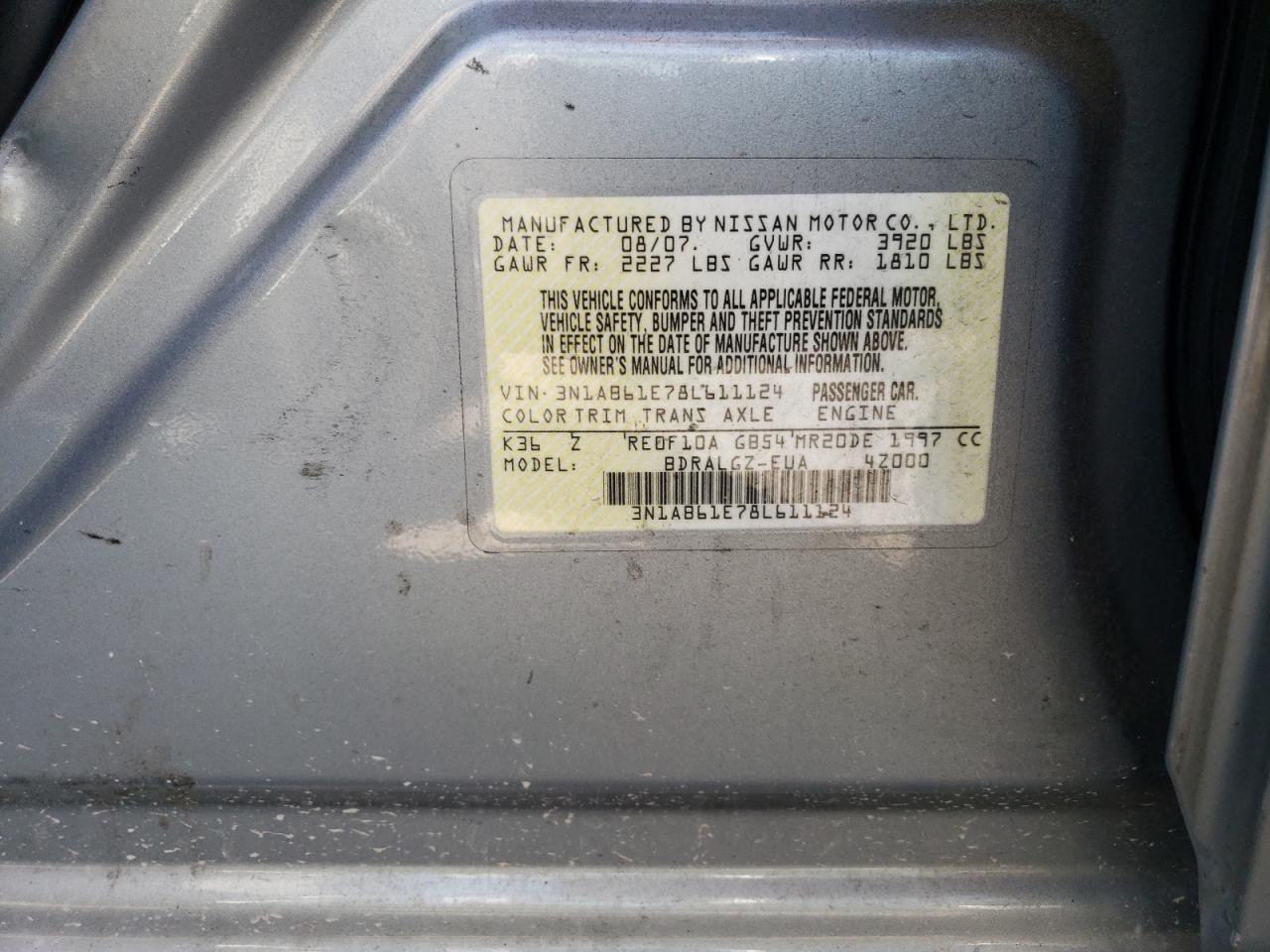 2008 Nissan Sentra 2.0 VIN: 3N1AB61E78L611124 Lot: 63290064