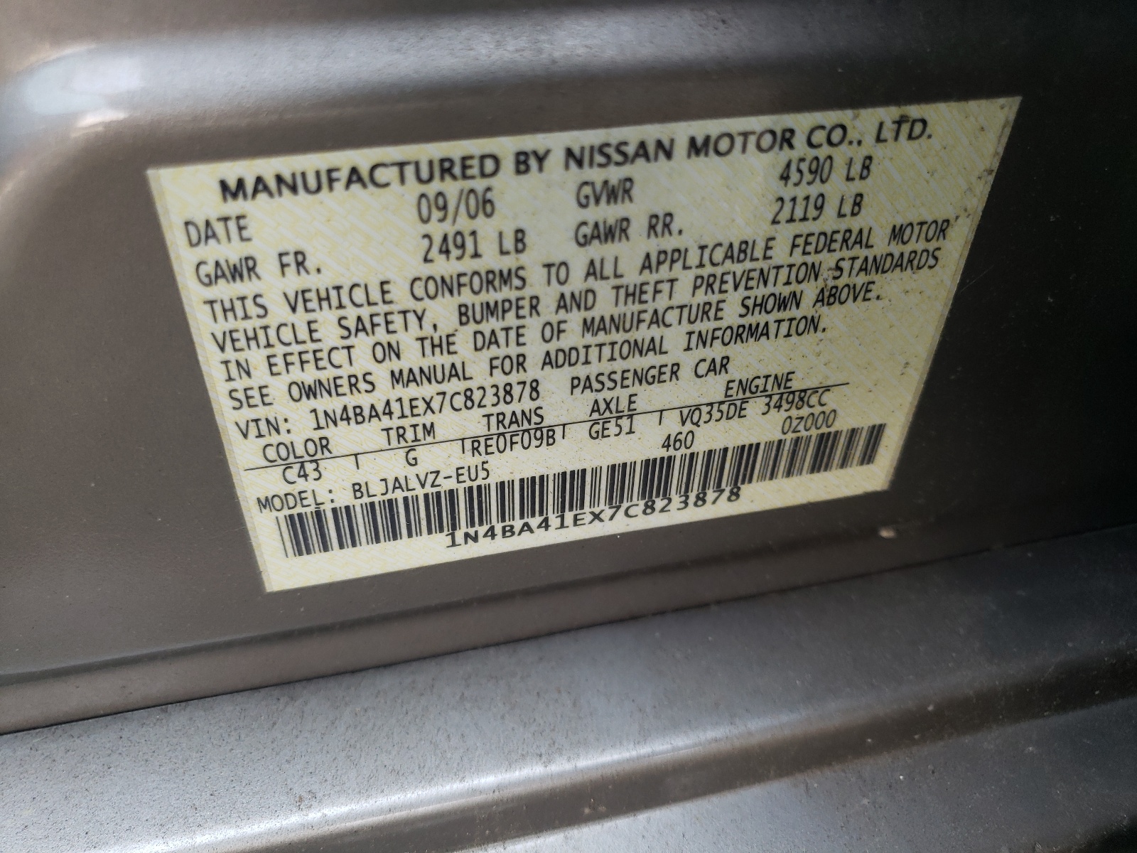 1N4BA41EX7C823878 2007 Nissan Maxima Se