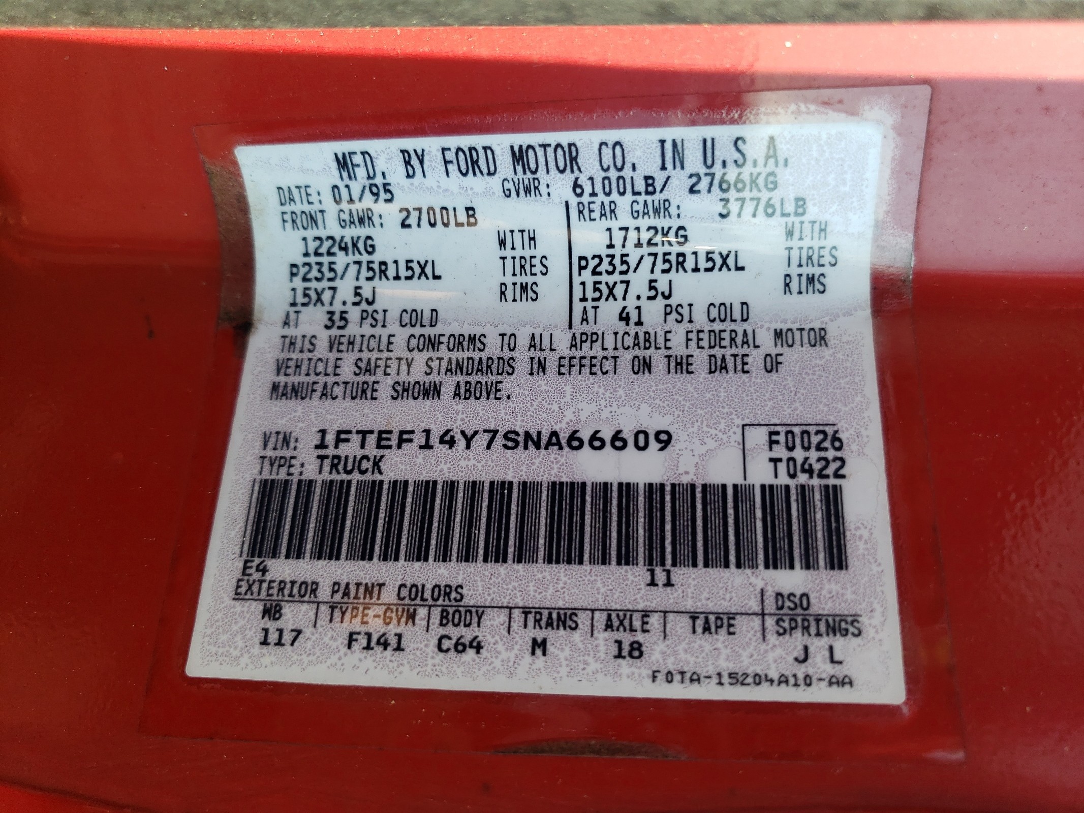 1FTEF14Y7SNA66609 1995 Ford F150