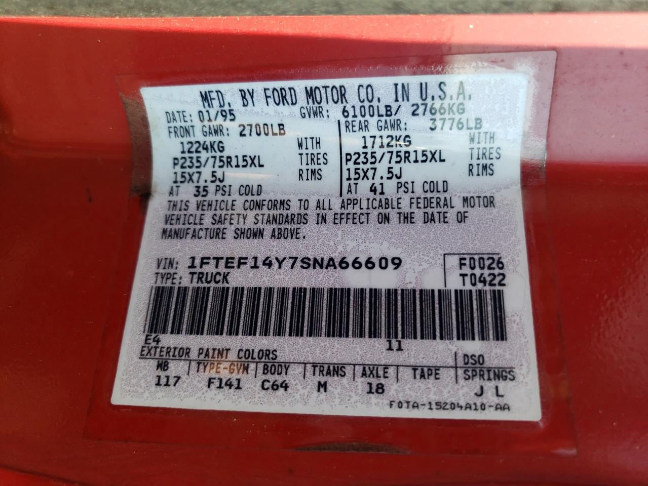 1995 Ford F150 VIN: 1FTEF14Y7SNA66609 Lot: 63005984