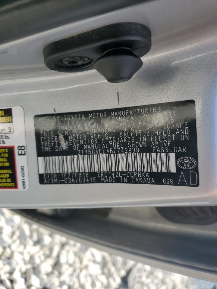 2011 Toyota Corolla Base VIN: 2T1BU4EE4BC742838 Lot: 65473844