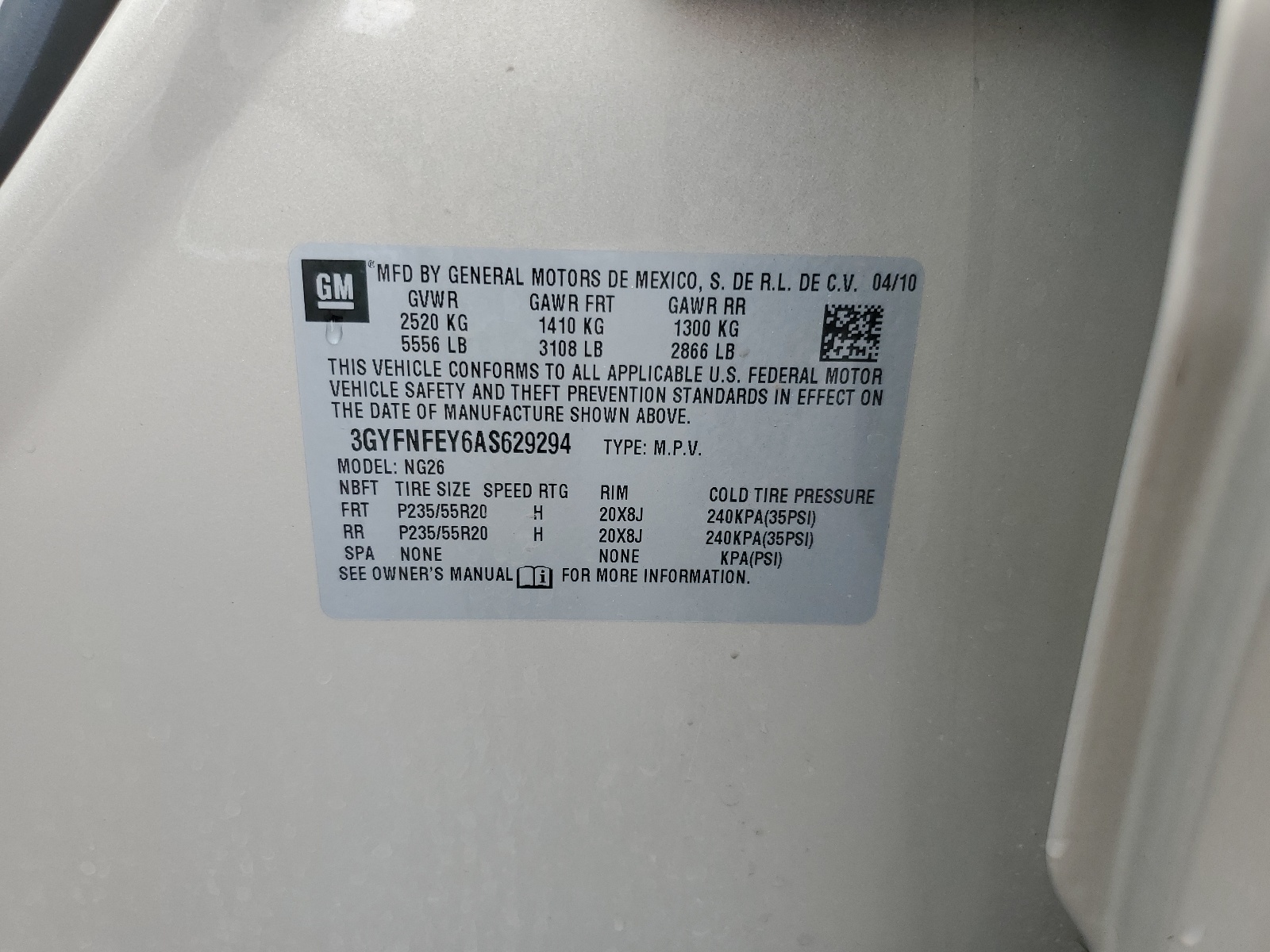 3GYFNFEY6AS629294 2010 Cadillac Srx Premium Collection