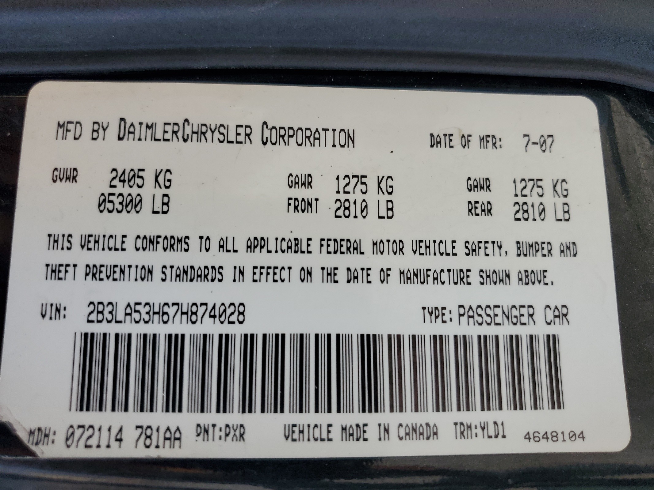 2B3LA53H67H874028 2007 Dodge Charger R/T