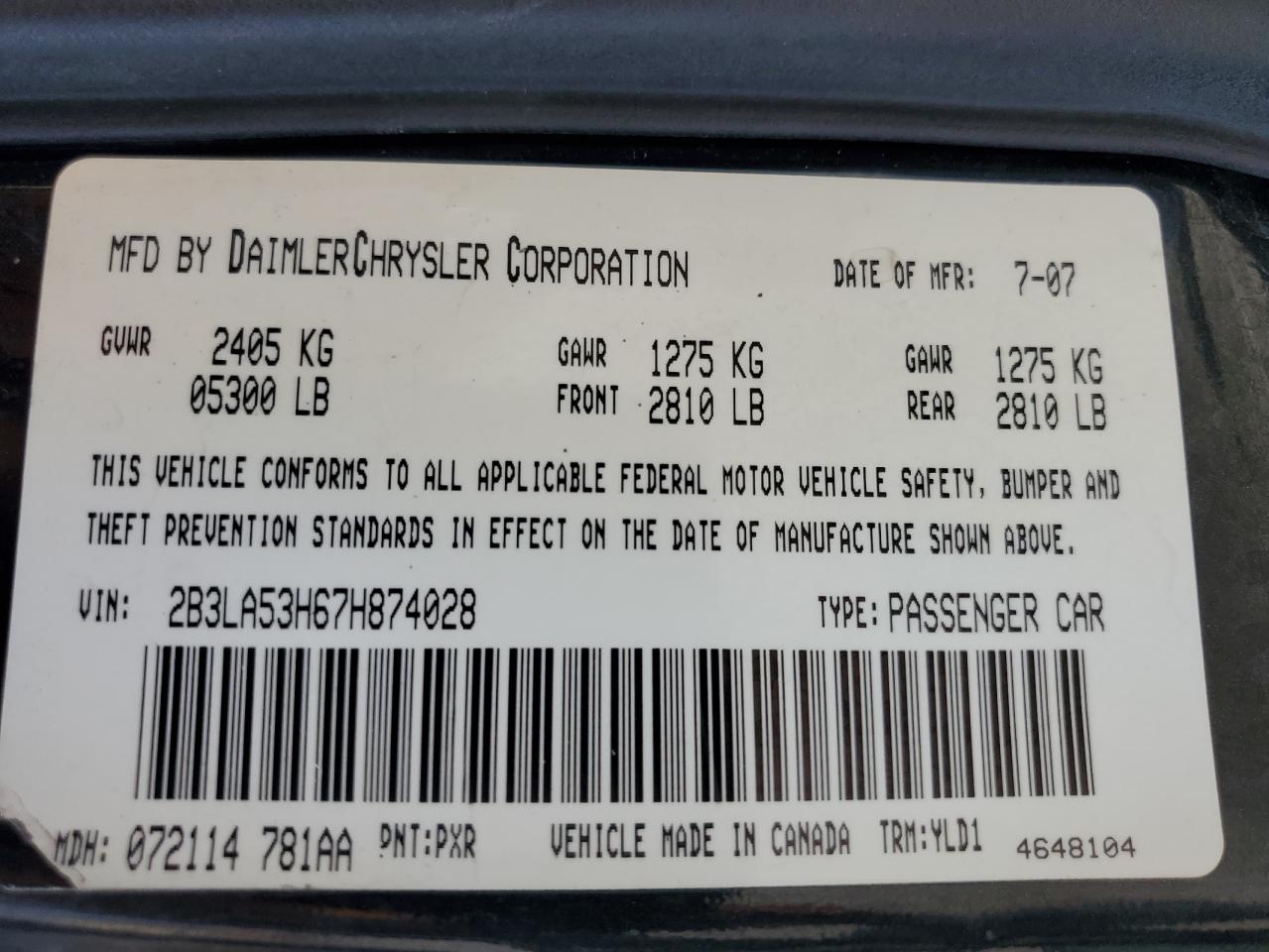 2007 Dodge Charger R/T VIN: 2B3LA53H67H874028 Lot: 62703534