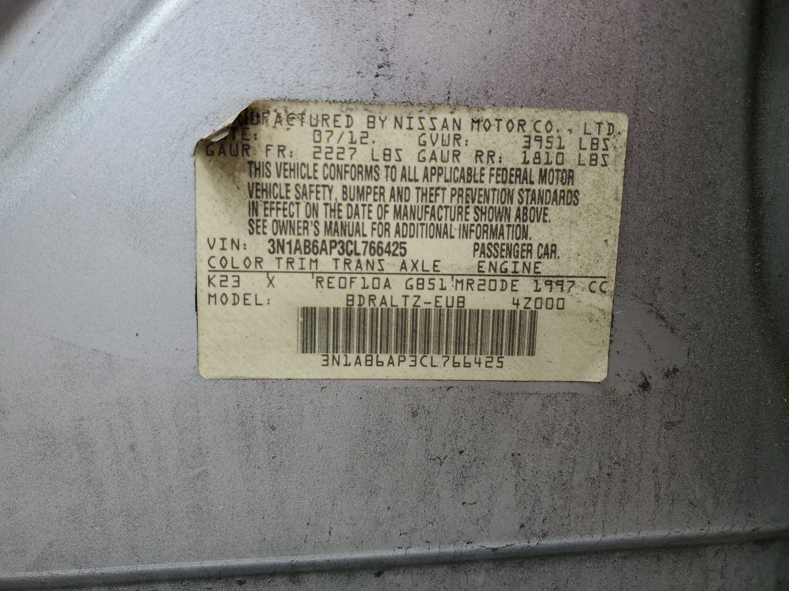 3N1AB6AP3CL766425 2012 Nissan Sentra 2.0