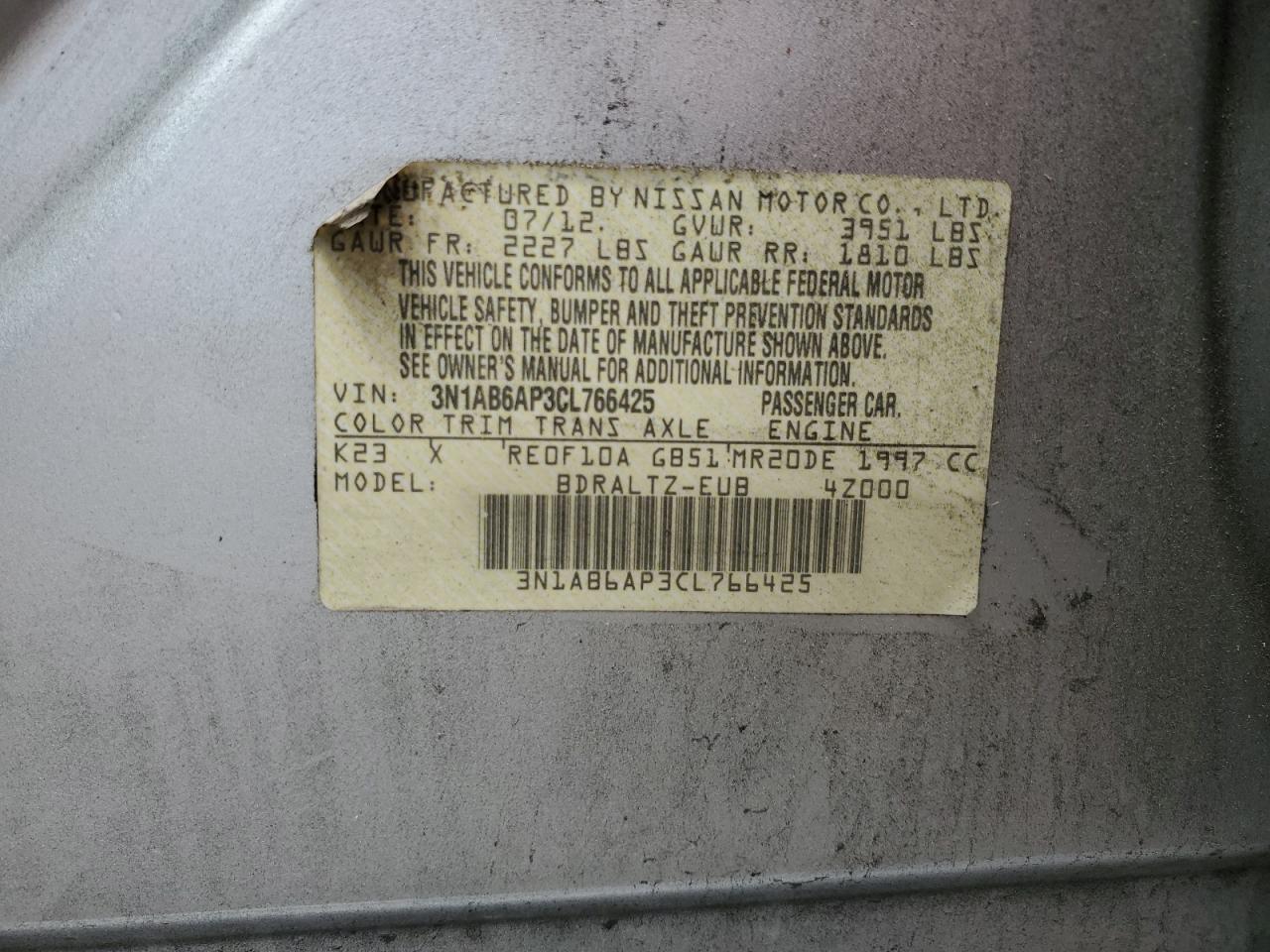 2012 Nissan Sentra 2.0 VIN: 3N1AB6AP3CL766425 Lot: 64196514