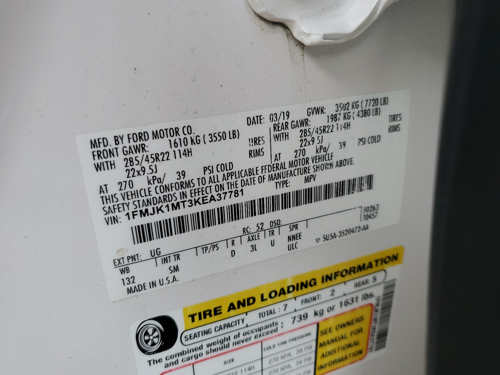 1FMJK1MT3KEA37781 2019 Ford Expedition Max Platinum