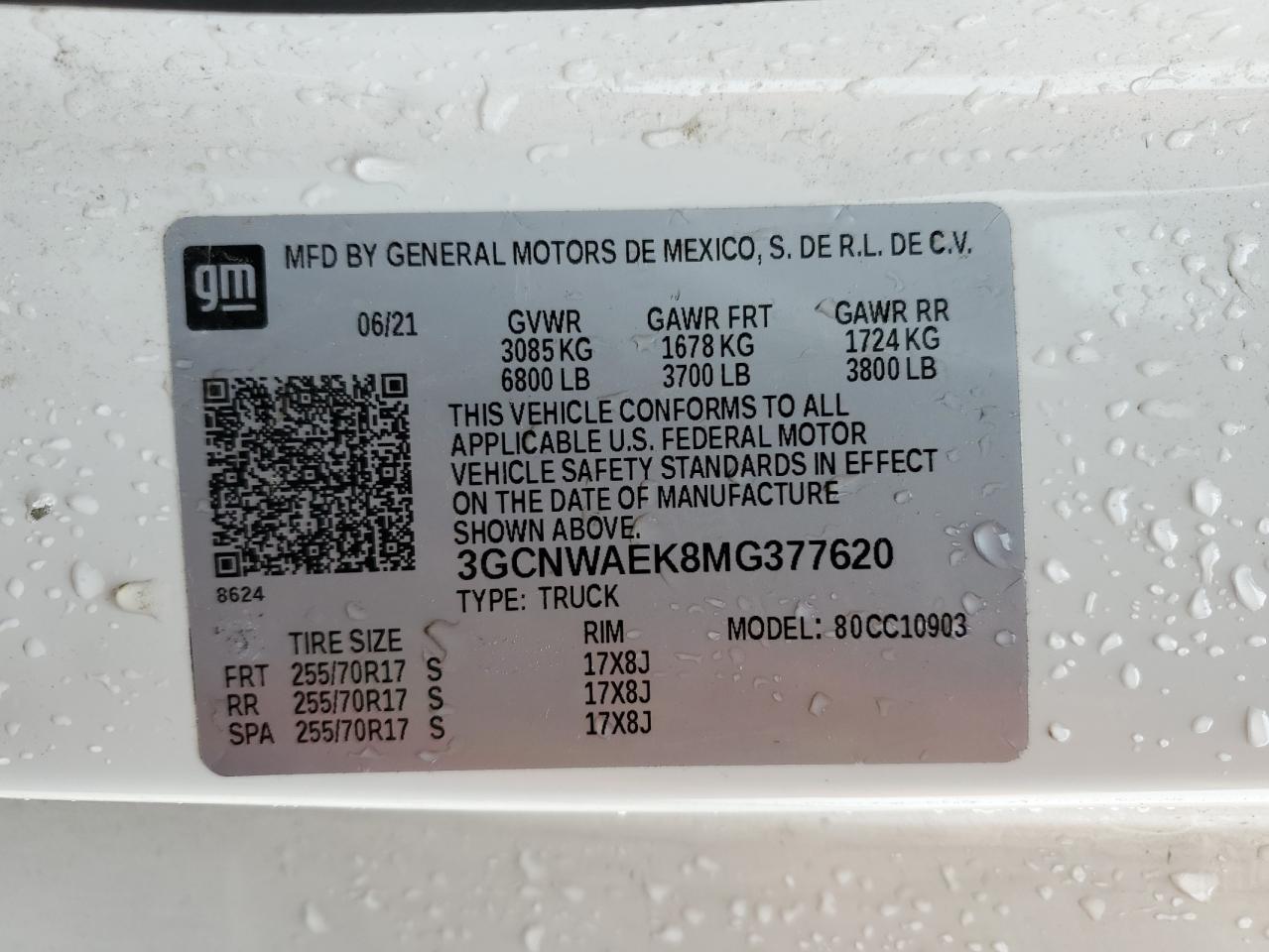 2021 Chevrolet Silverado C1500 VIN: 3GCNWAEK8MG377620 Lot: 64763024