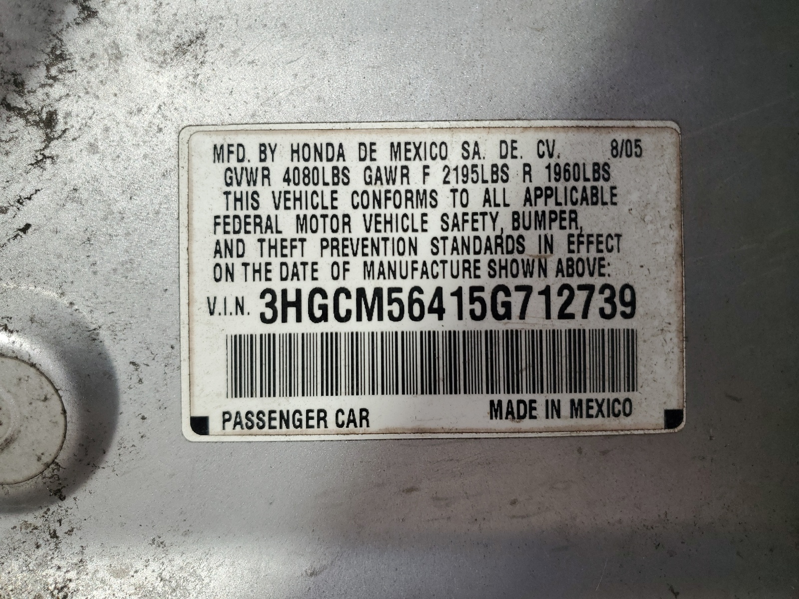 3HGCM56415G712739 2005 Honda Accord Lx