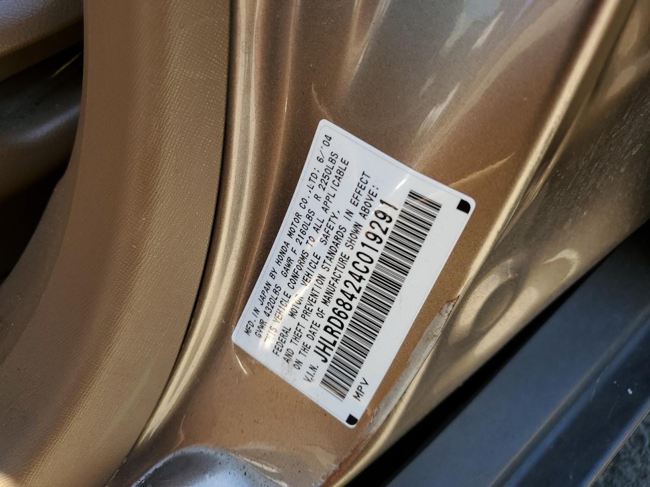 2004 Honda Cr-V Lx VIN: JHLRD68424C019291 Lot: 63916724