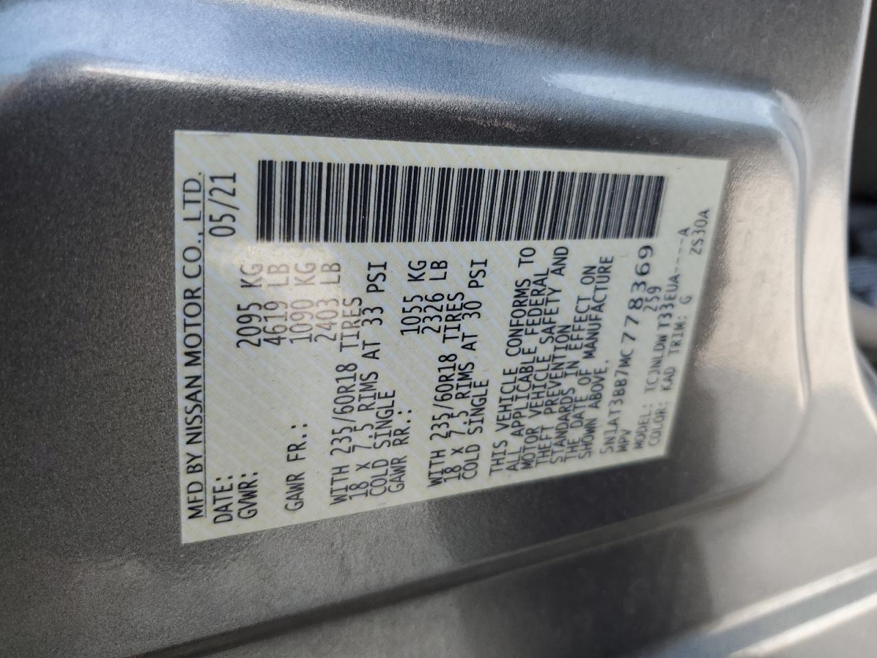 2021 Nissan Rogue Sv VIN: 5N1AT3BB7MC778369 Lot: 65211234